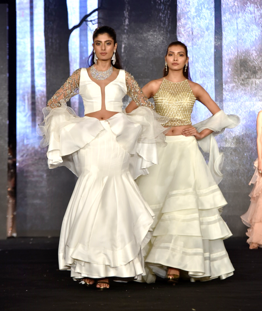 Ruffle layered skirt paired with honeycomb blouse and ruffle dupatta