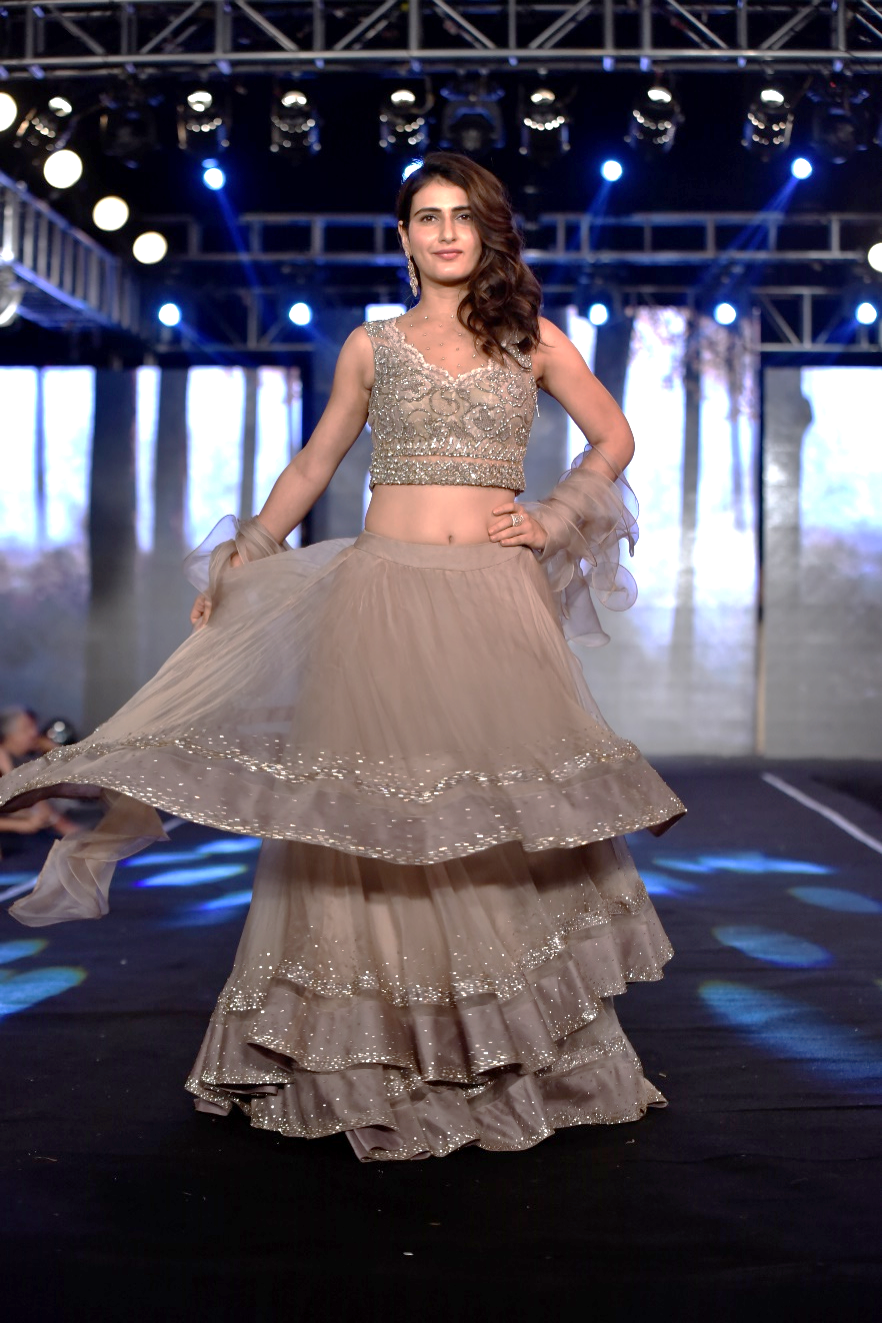 Champagne Ruffle layered skirt paired with Chantilly scallop blouse and ruffle dupatta