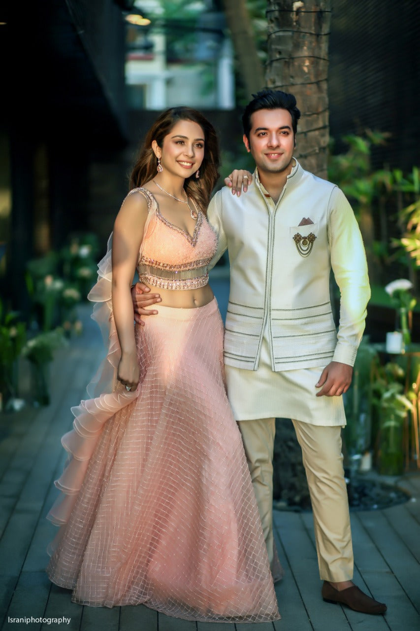 Salmon Crystal Embroidered Lehenga Set