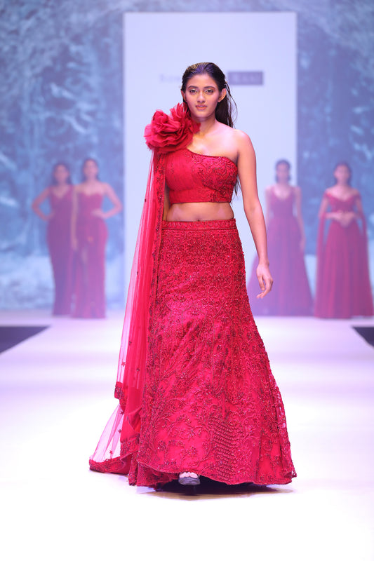 One shoulder blouse with lehenga