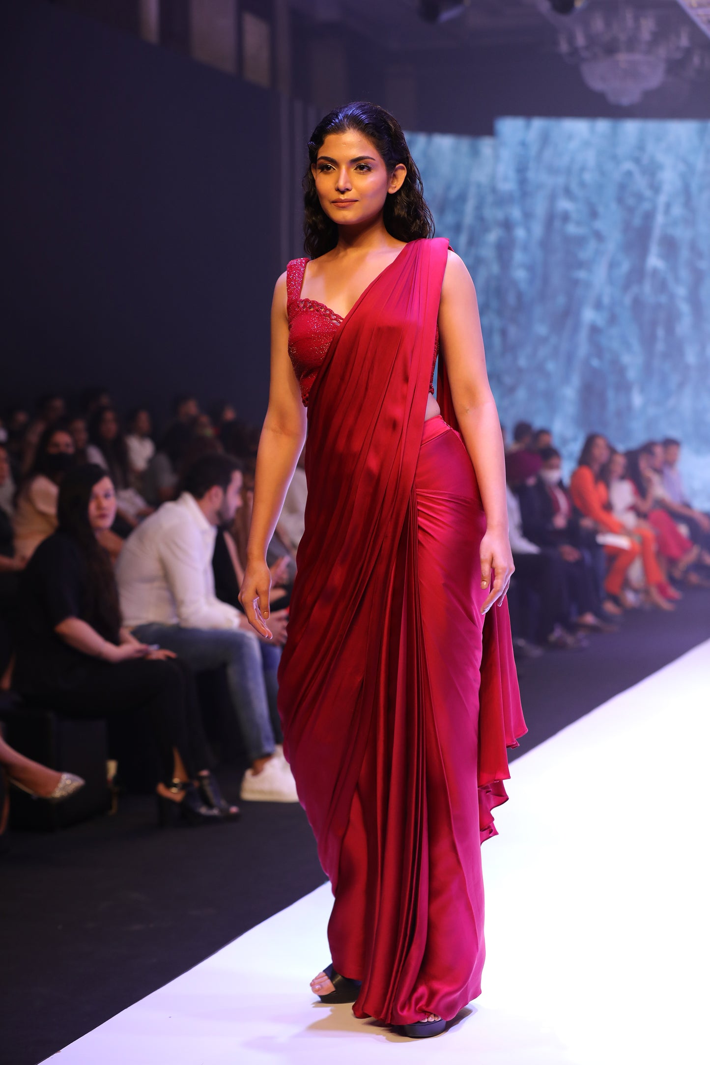 Pre draped saree with embellished blouse