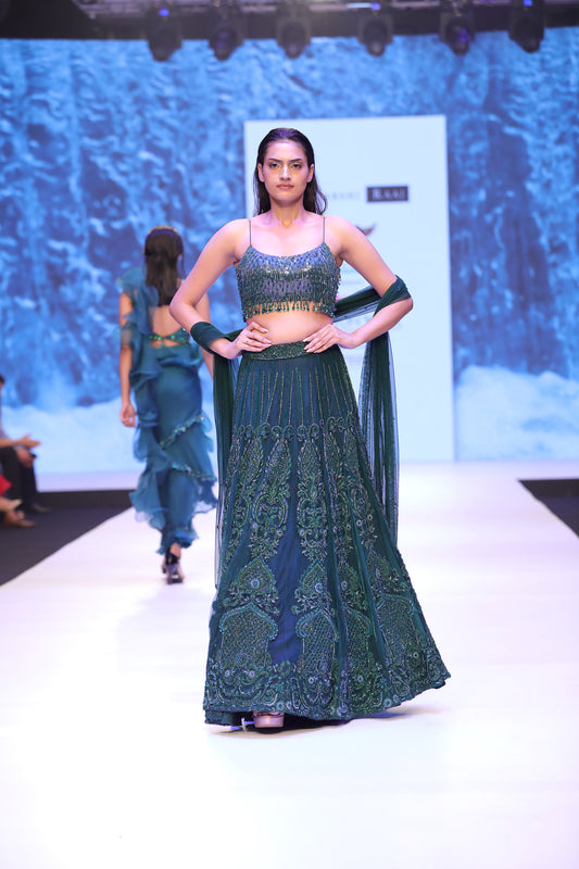 Embroidered Blouse, Flared Lehenga & Dupatta