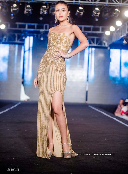 One Shoulder Gold Mesh Gown
