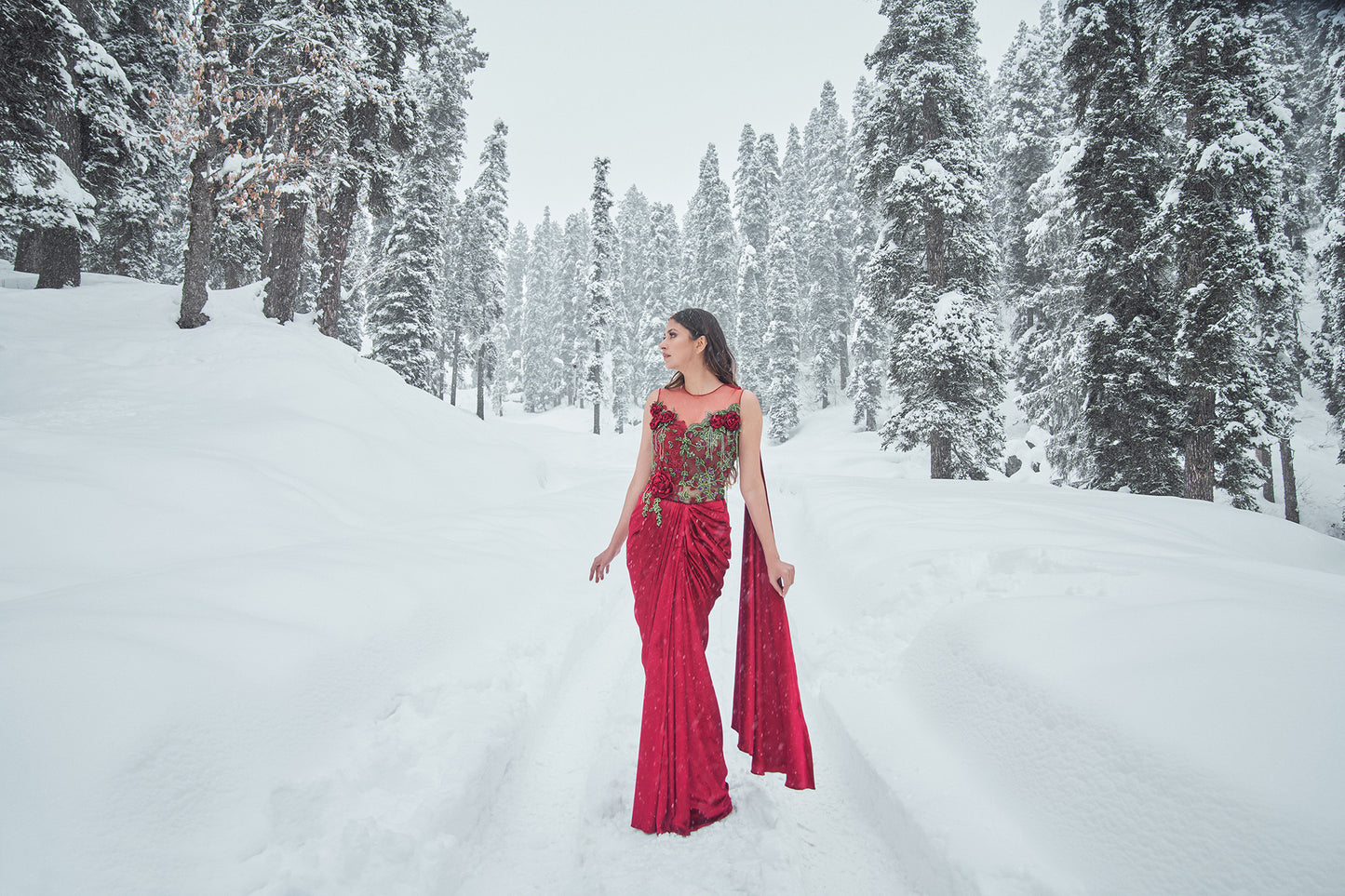 Rosanna- Red and Olive Victorian Rosette embroidered saree gown