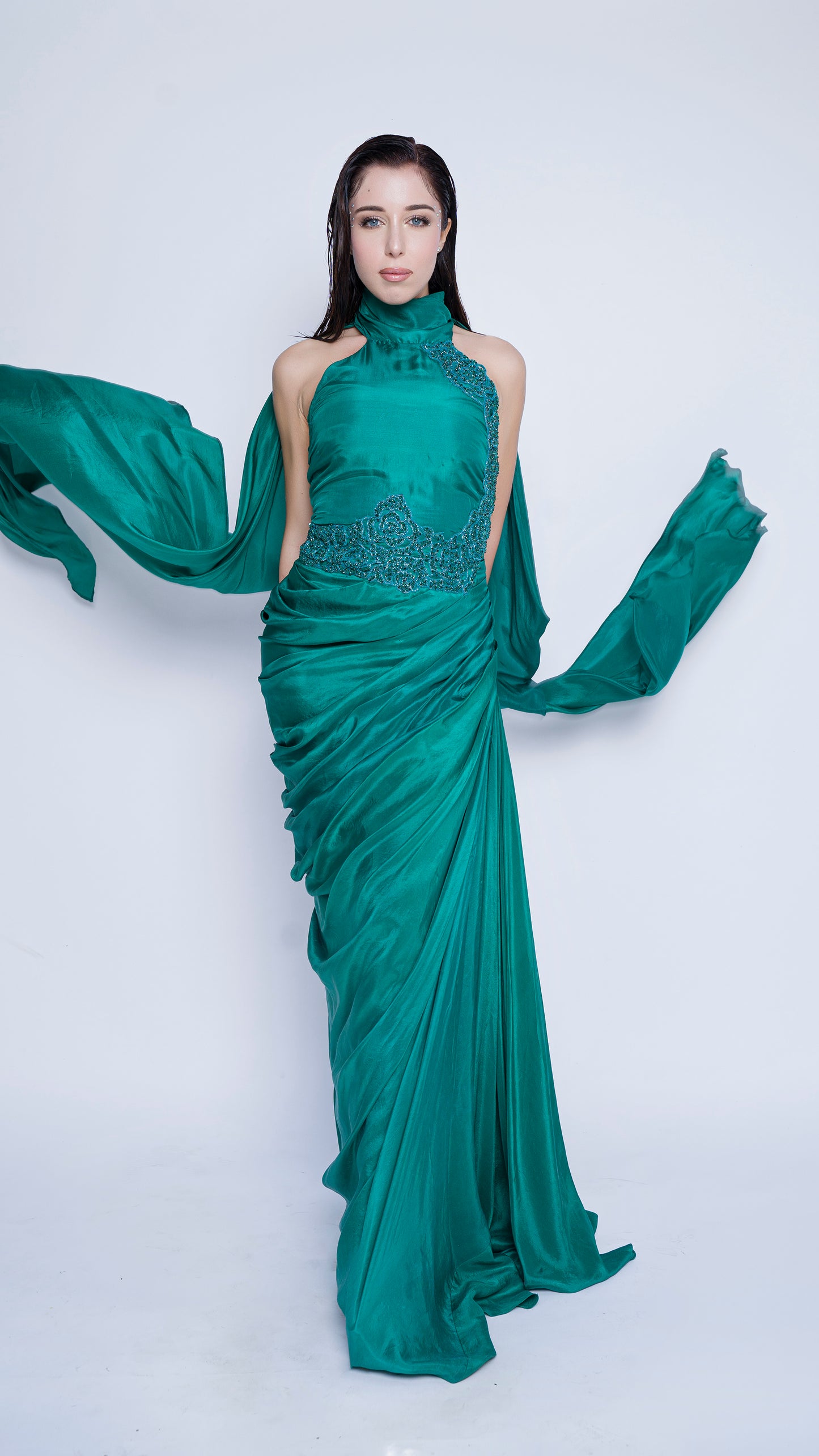 Teal green halter tie up embroidered gown