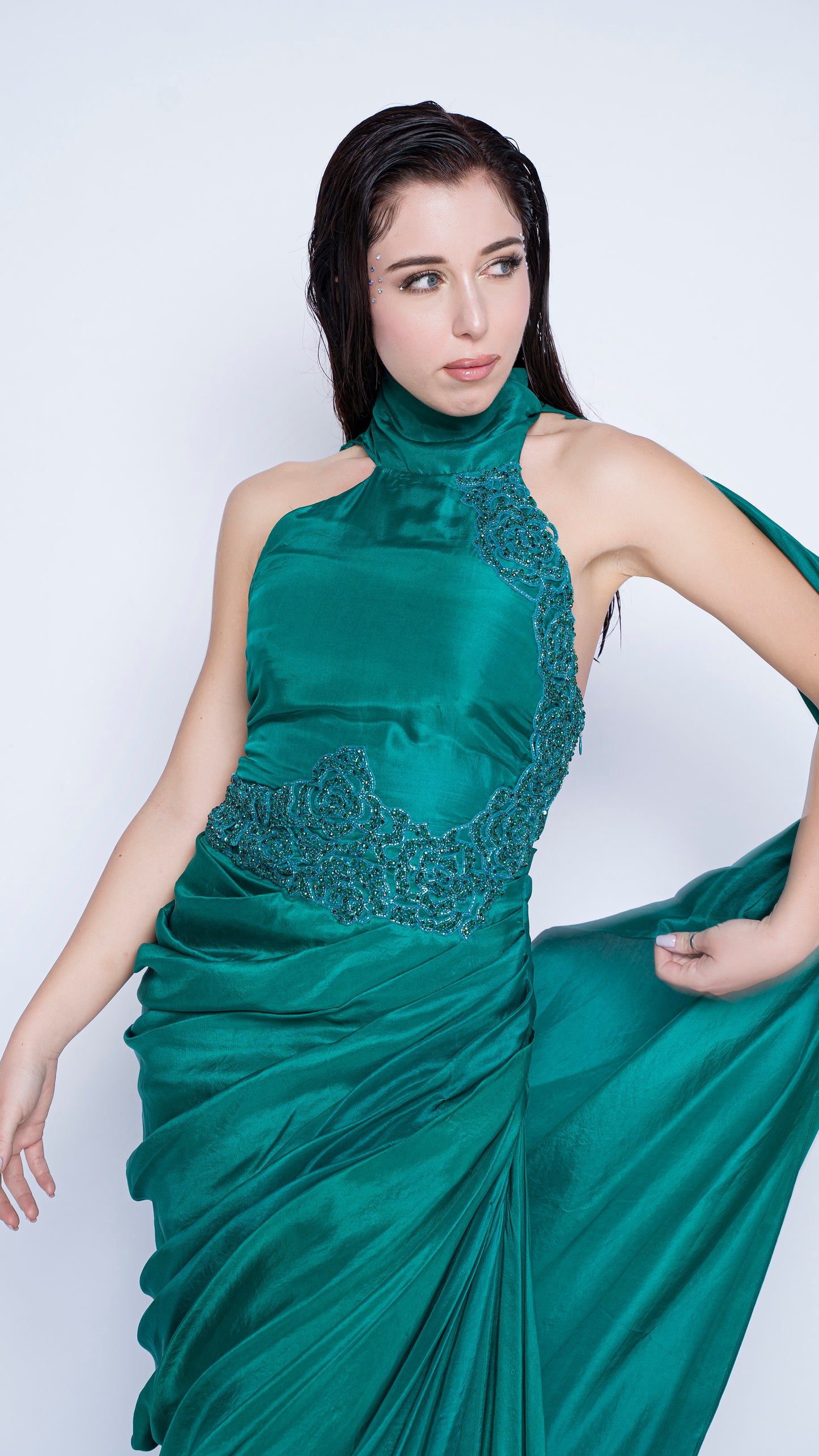 Teal green halter tie up embroidered gown