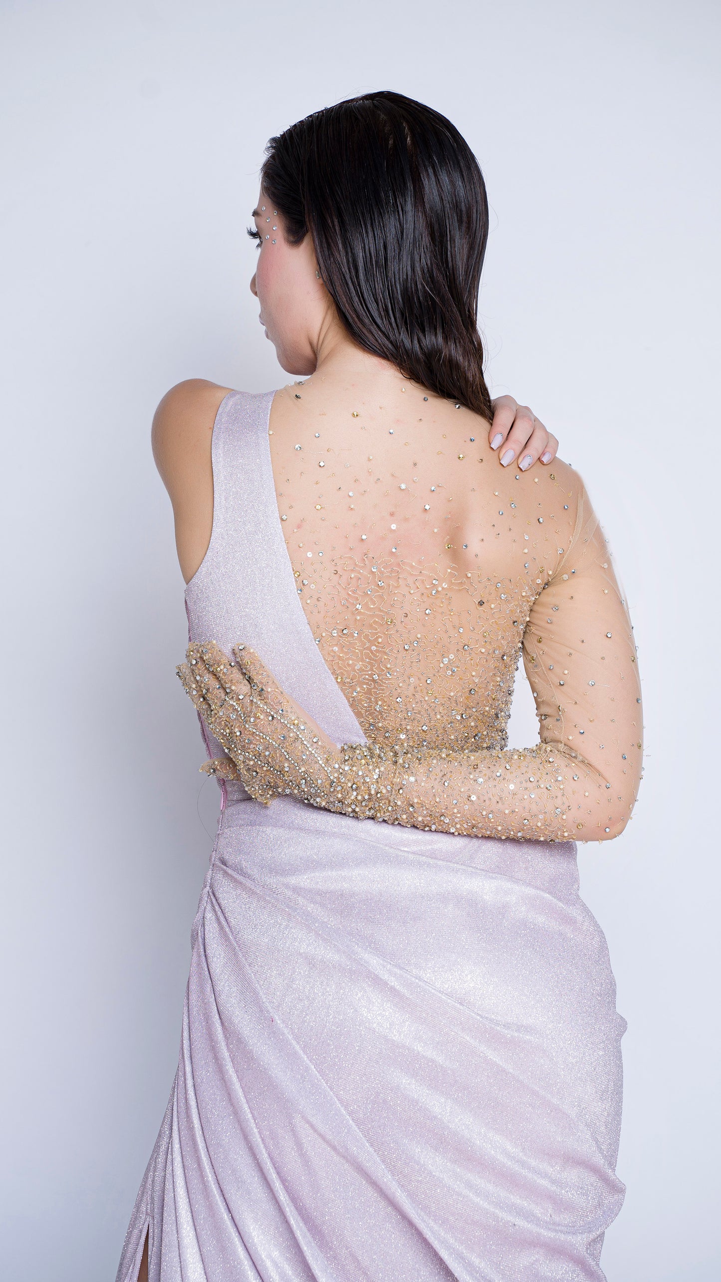 Shimmer soft pink starry embroidered gloves saree gown