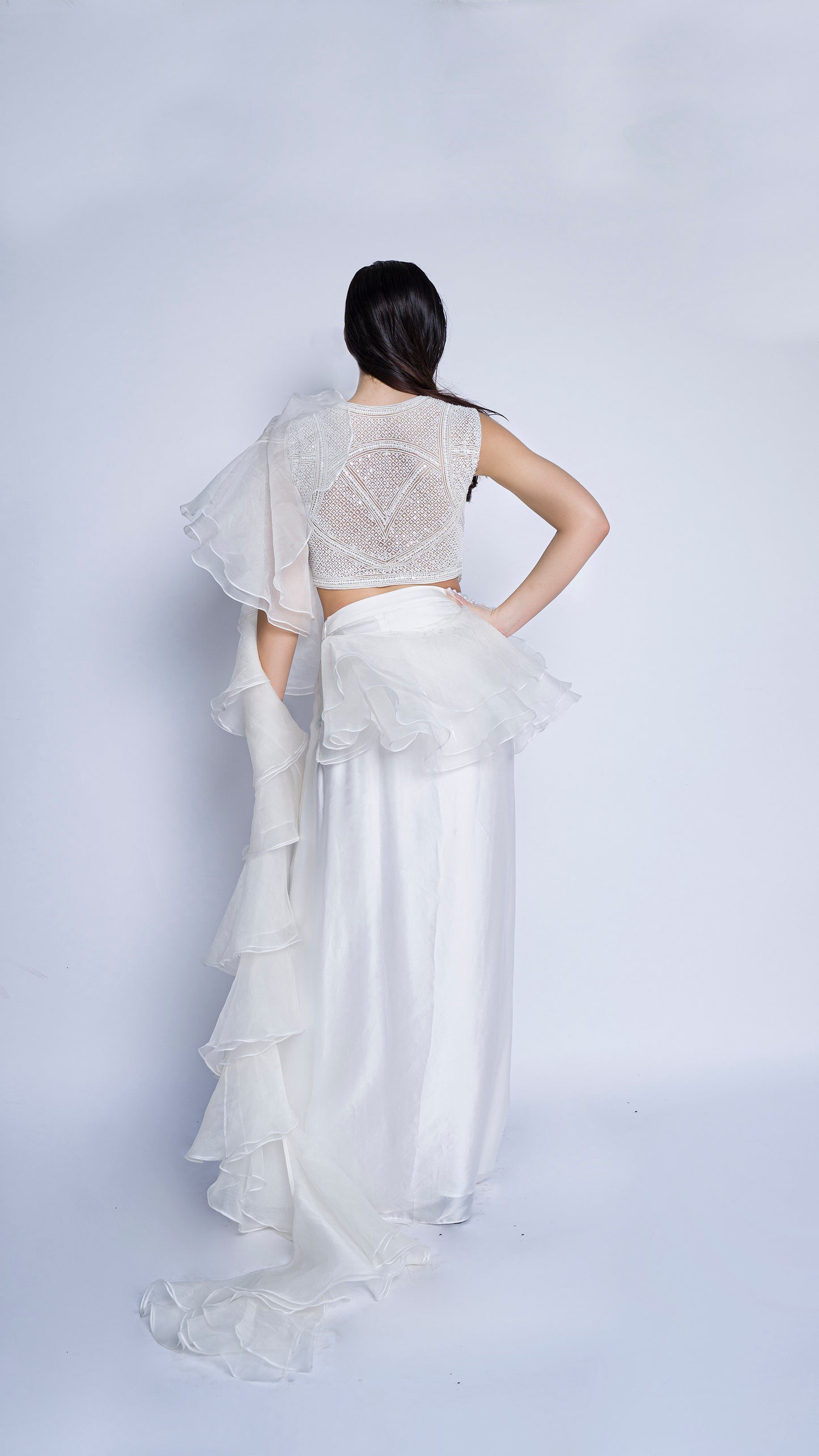 Pearl embellished blouse with organza ruffled draped gown