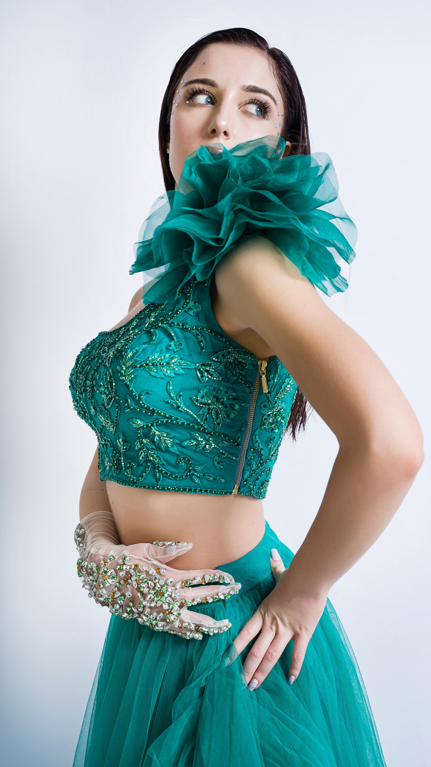 Teal green one shoulder rose embroidered lehenga set