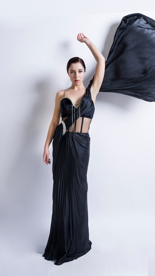 Mesha- Black crystal chainmail saree gown