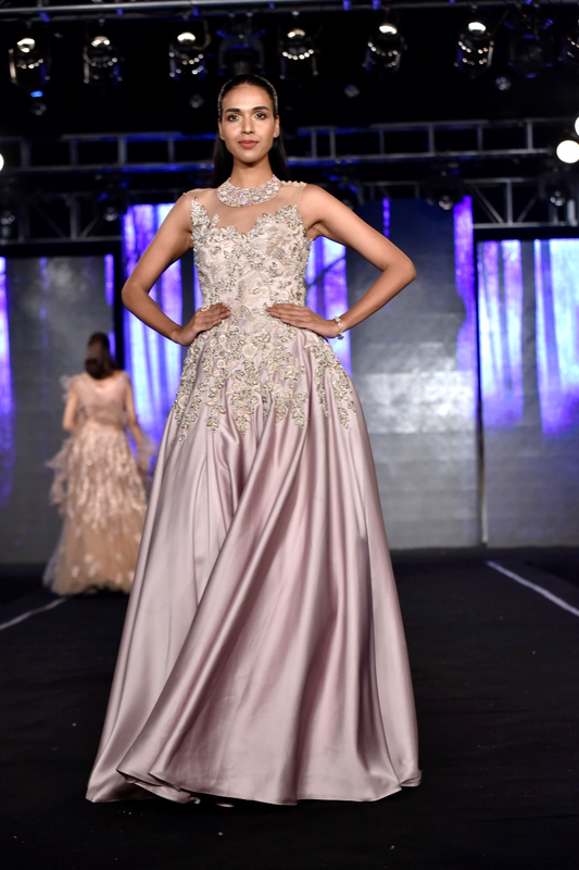 Flounced Gown With Bird Embroidery
