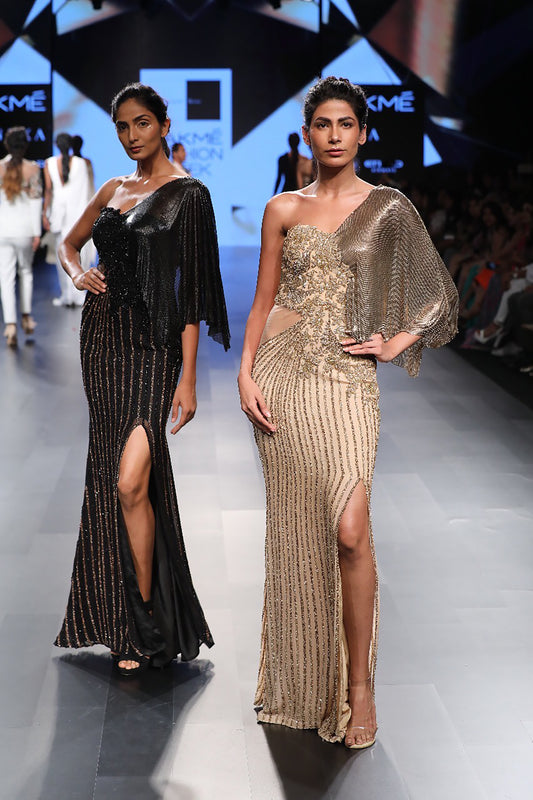 One Shoulder Gold Mesh Gown