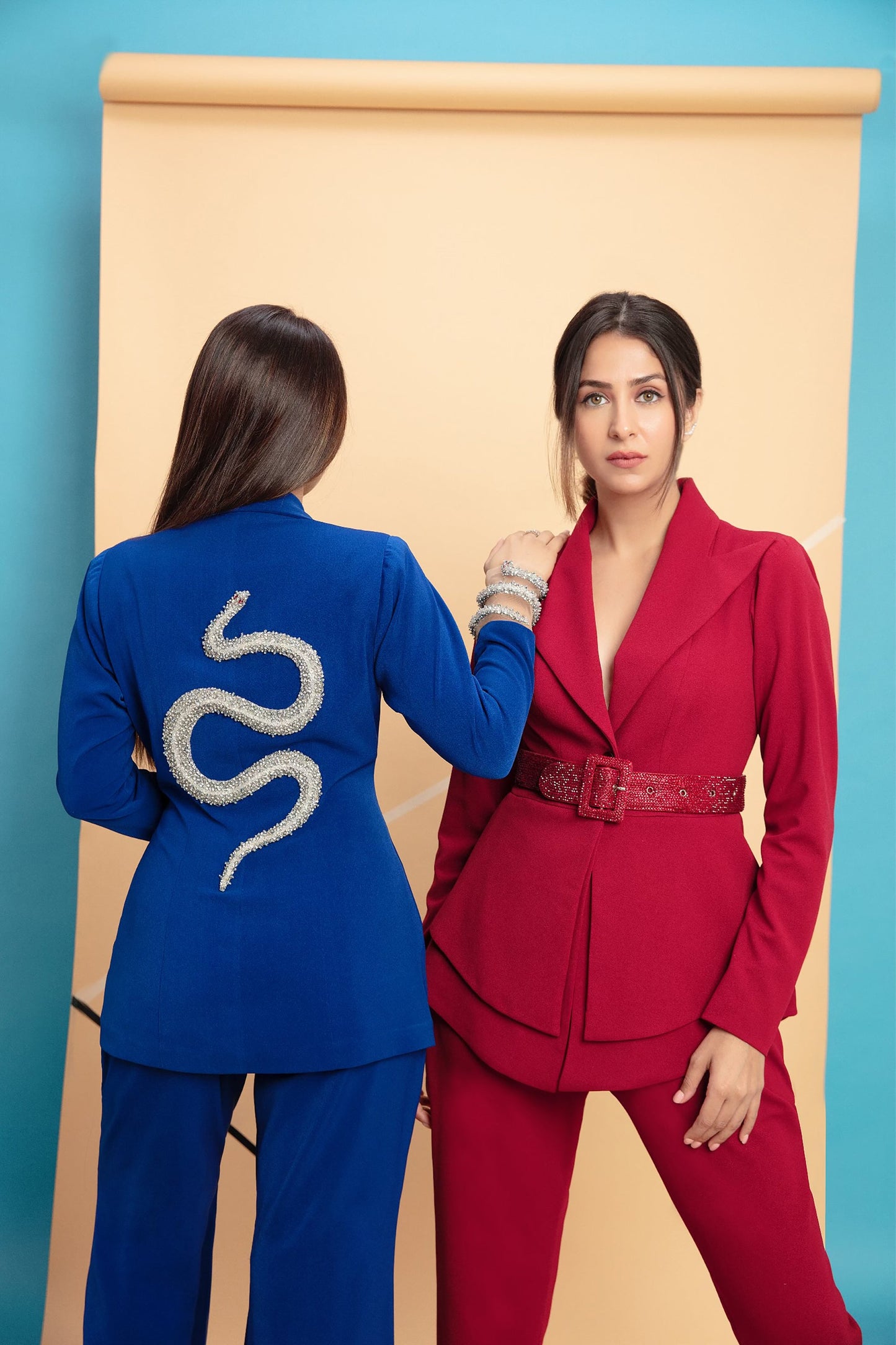 Red Pantsuit with Embellished Belt