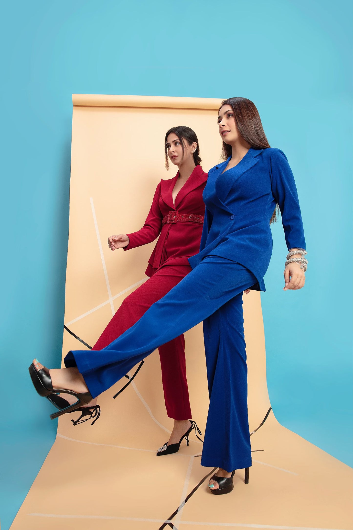 Red Pantsuit with Embellished Belt