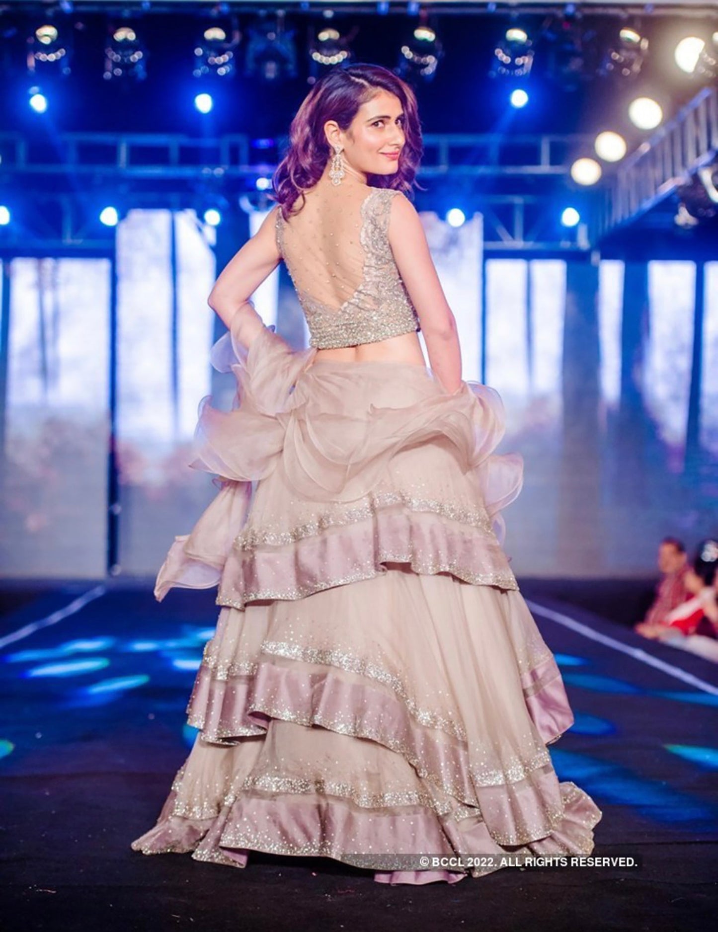 Champagne Ruffle layered skirt paired with Chantilly scallop blouse and ruffle dupatta