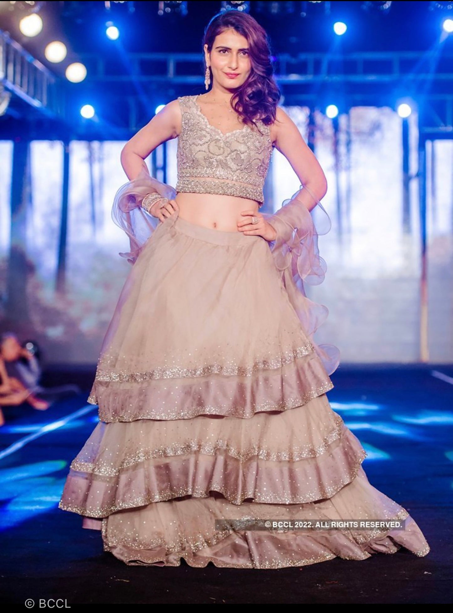 Champagne Ruffle layered skirt paired with Chantilly scallop blouse and ruffle dupatta