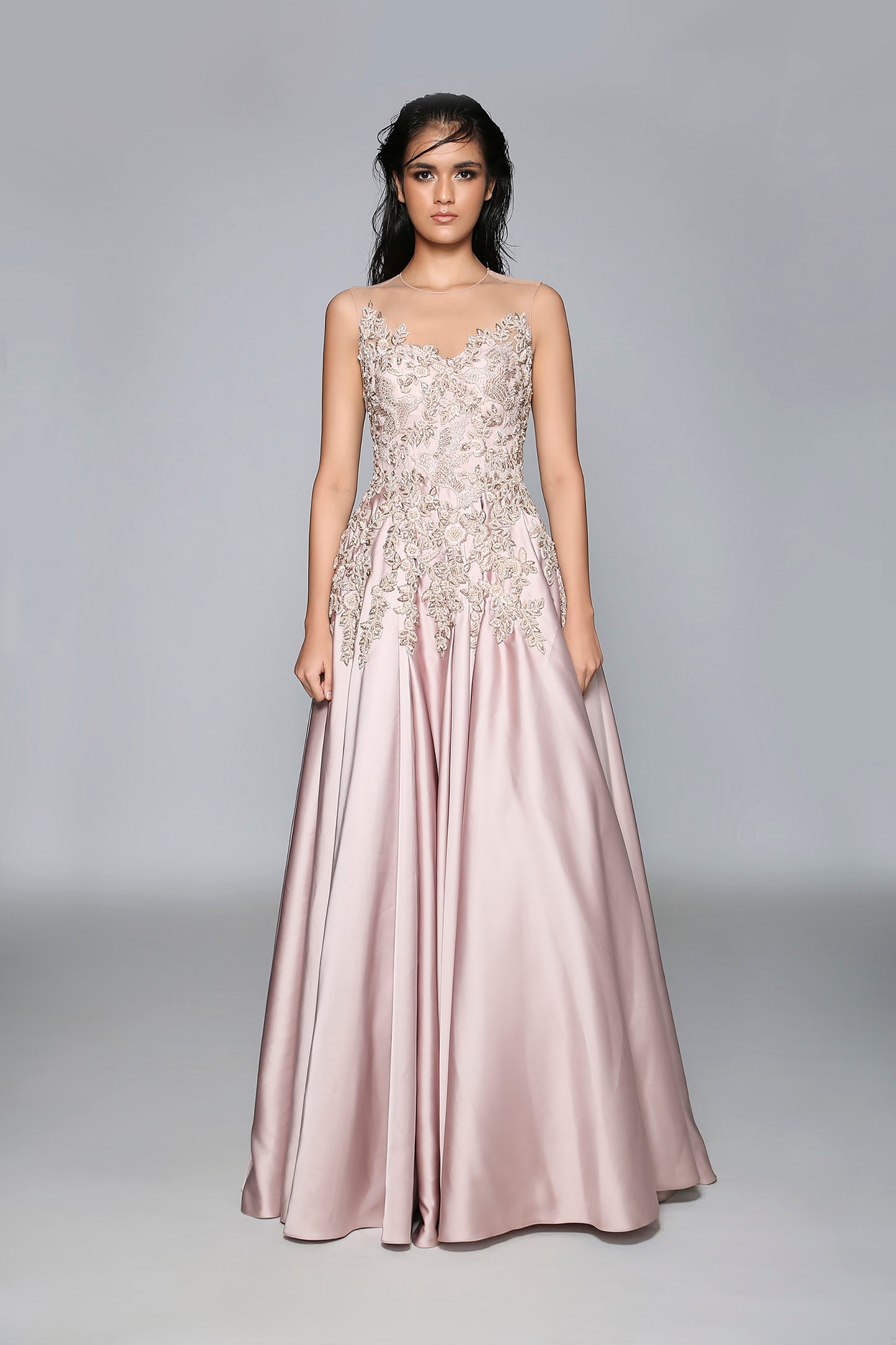 Flounced Gown with Bird Embellishment
