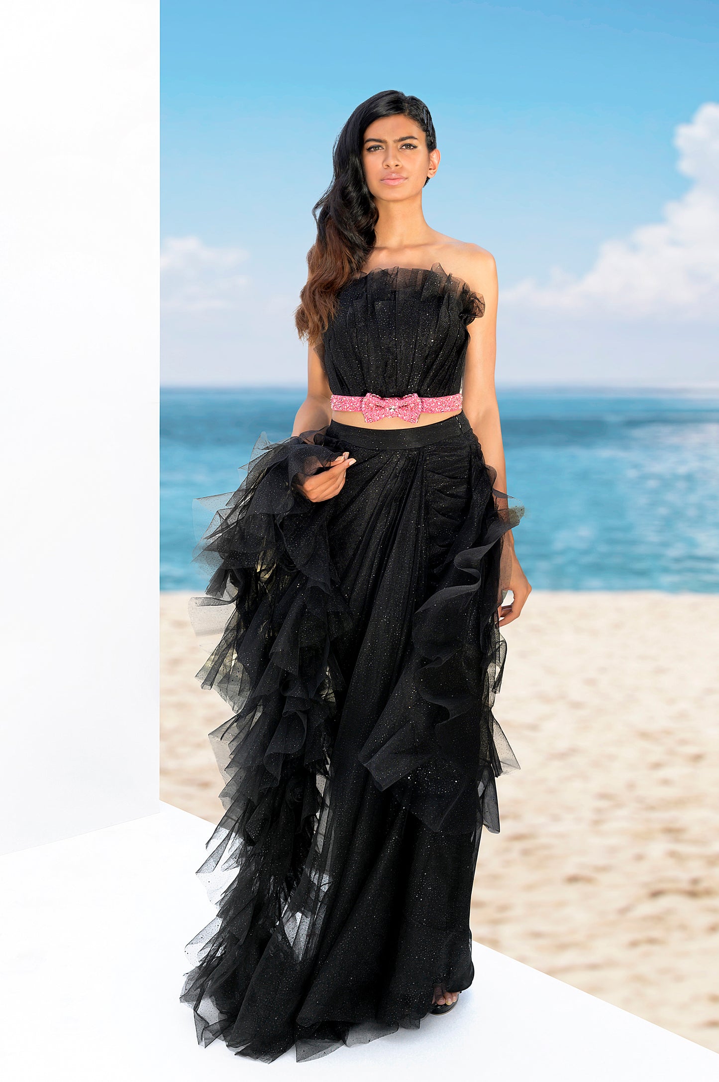 Ruffle tube top with skirt saree