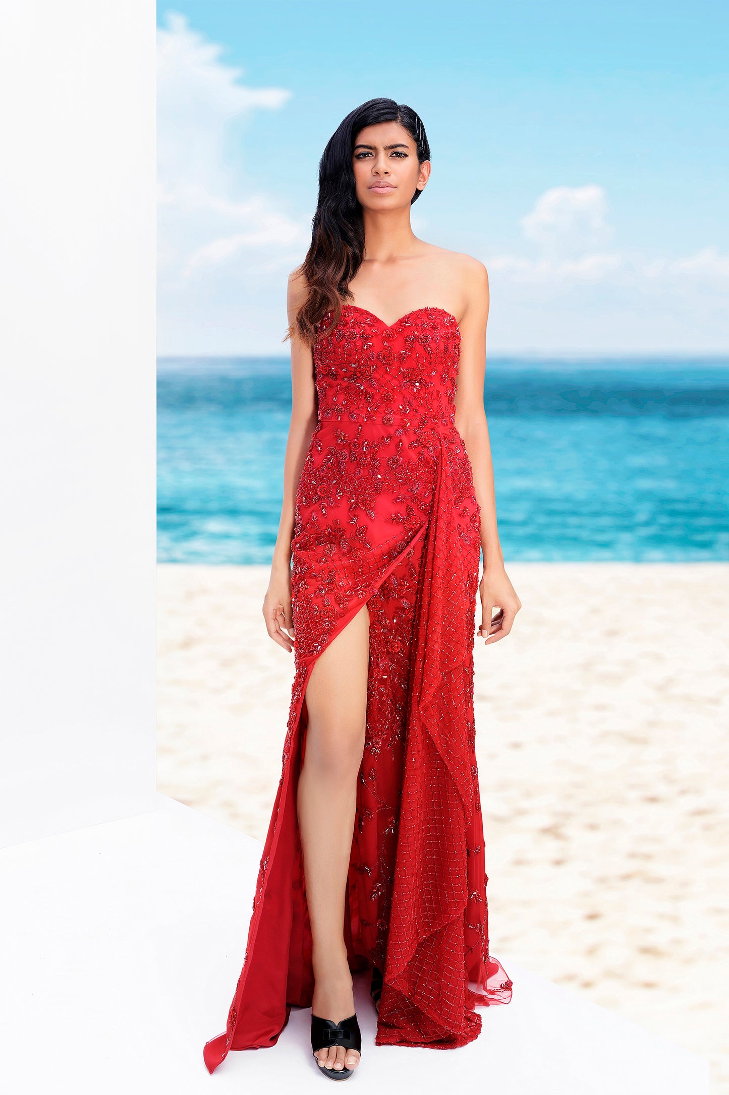 Red Embellished Gown With Side Trail
