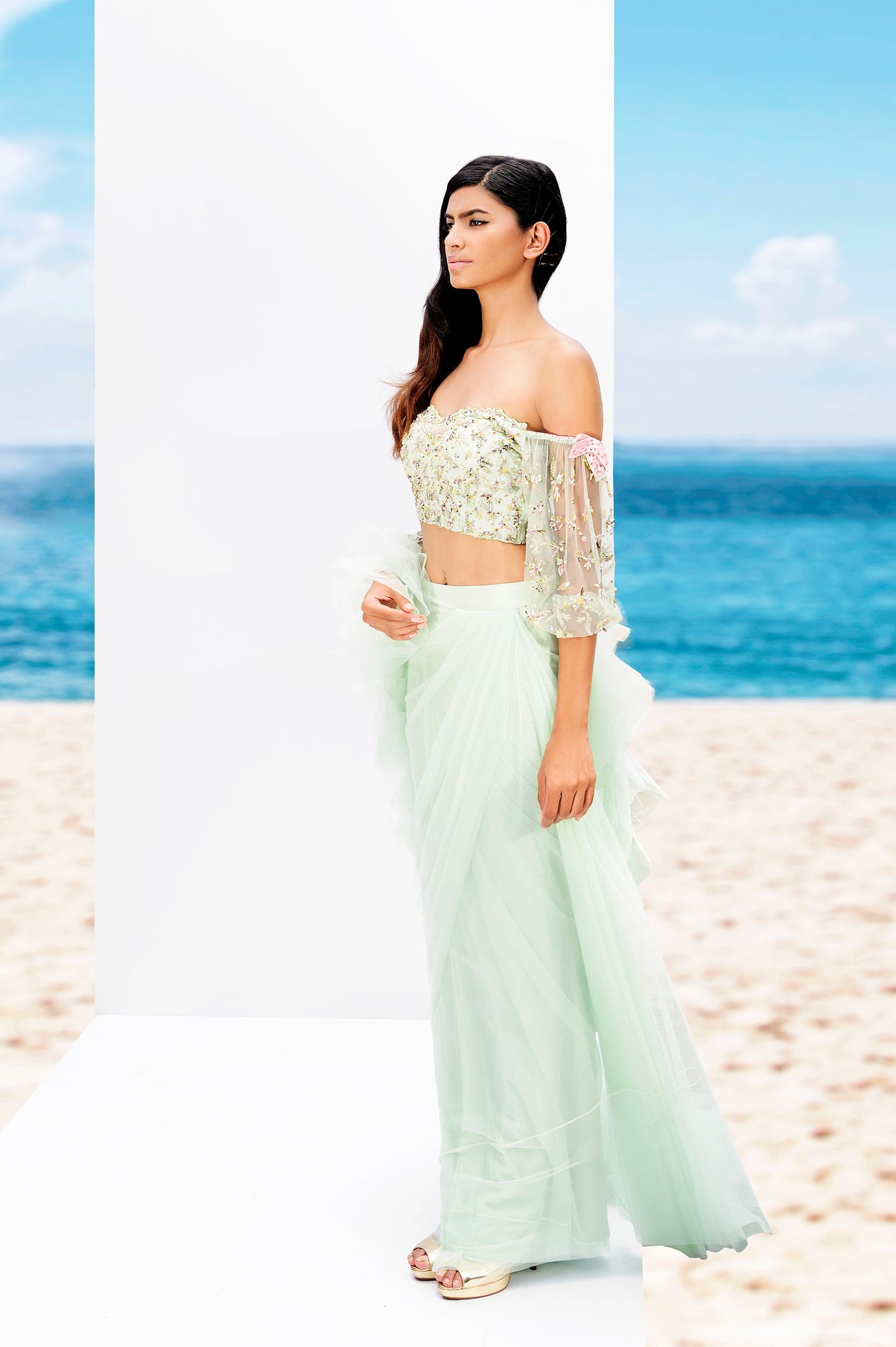 Off Shoulder blouse with Draped skirt